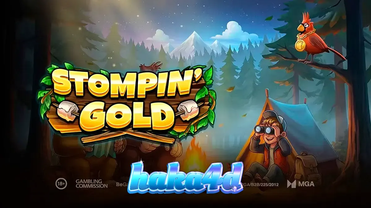 Pemandangan hutan berkabut dengan elemen petualangan dalam slot Stompin’ Gold